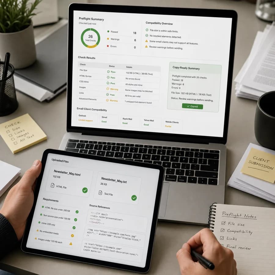 Email HTML Size Compatibility Checker preview showing a browser preflight checklist and source-backed verification results