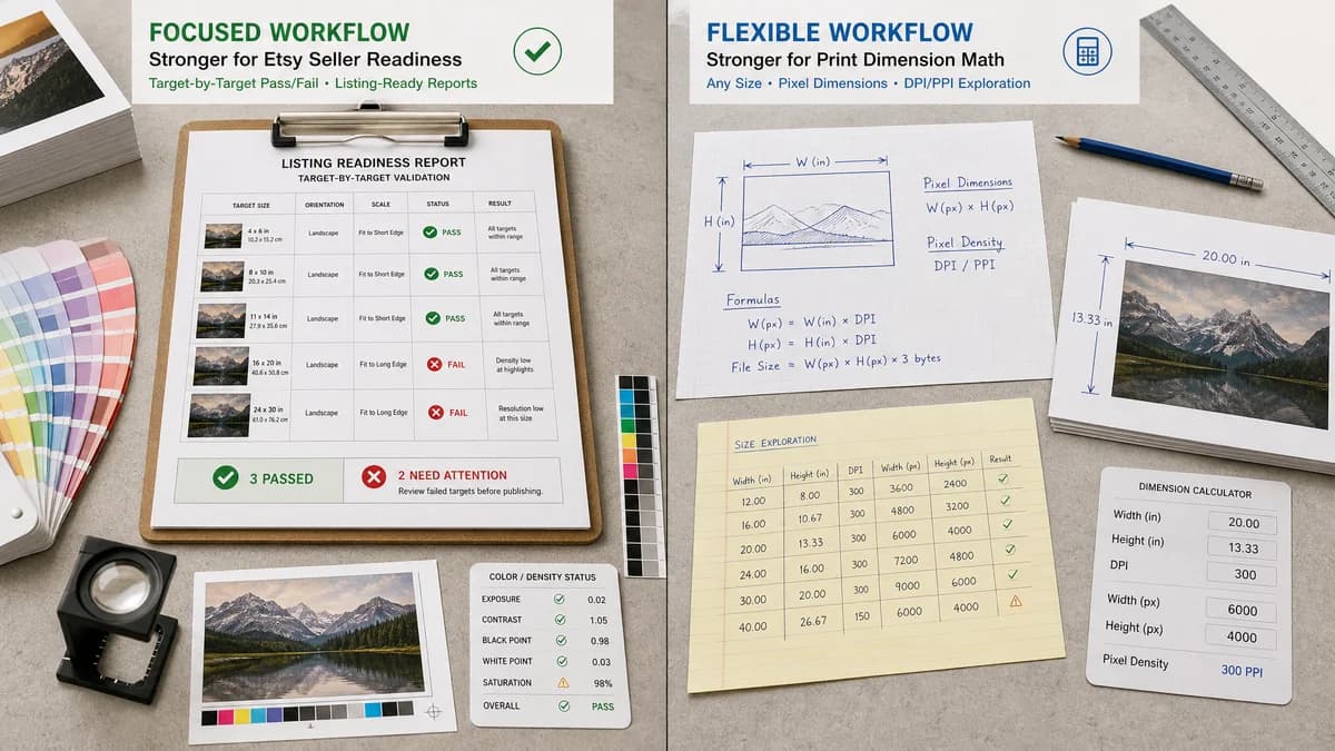 Etsy Digital Print Size Checker vs Omni Calculator Pixels to Print Size Calculator visual comparison of etsy digital print size checker workflows