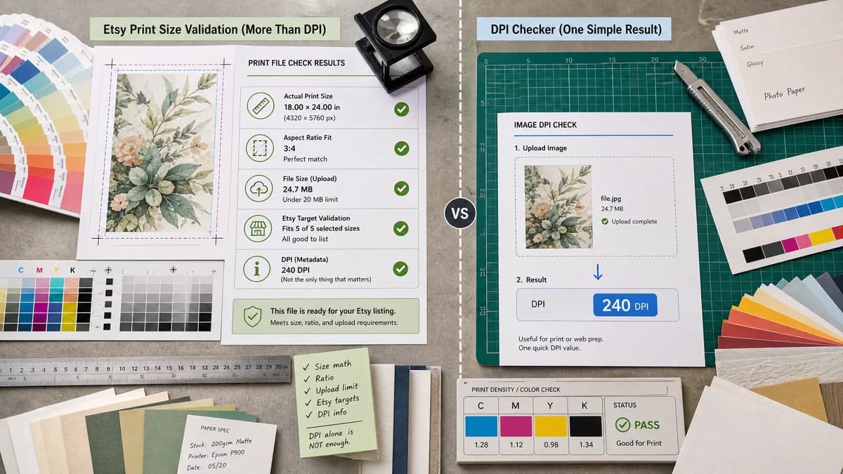 Etsy Digital Print Size Checker vs Pi7 DPI Checker visual comparison of etsy digital print size checker workflows