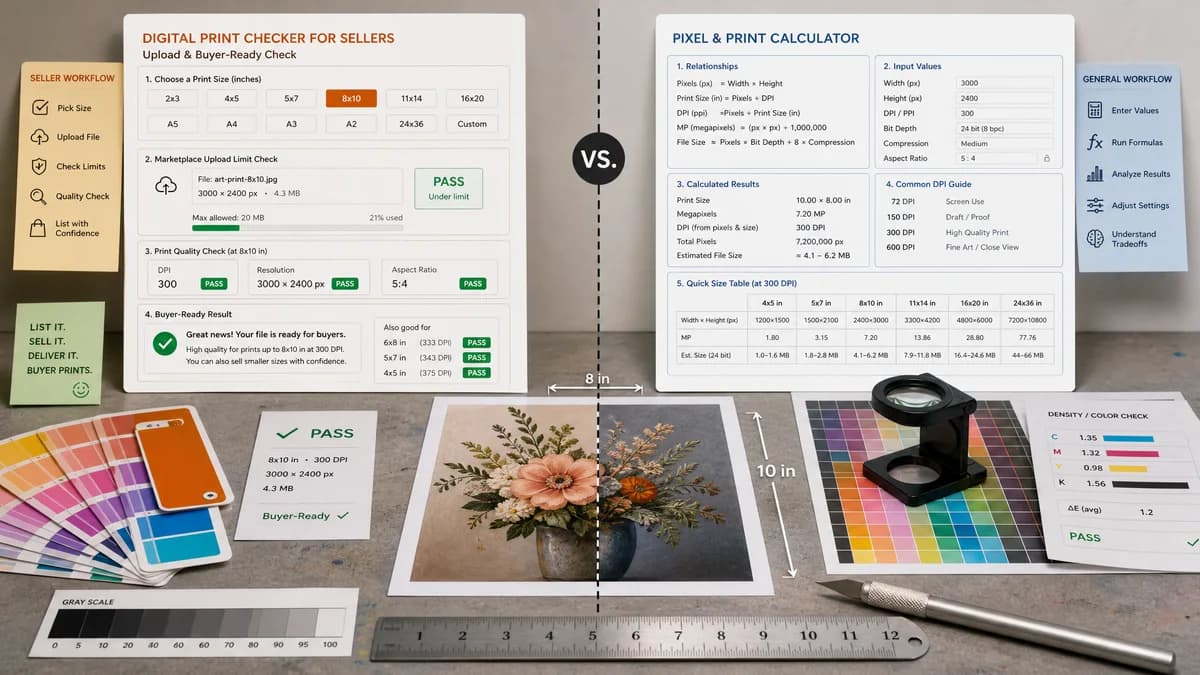 Etsy Digital Print Size Checker vs PixelCalculator visual comparison of etsy digital print size checker workflows