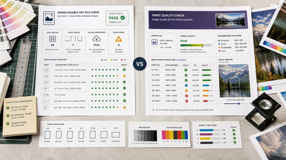 Etsy Digital Print Size Checker vs Poster Print Shop Image Quality, Size and Aspect Ratio Tool visual comparison of etsy digital print size checker workflows