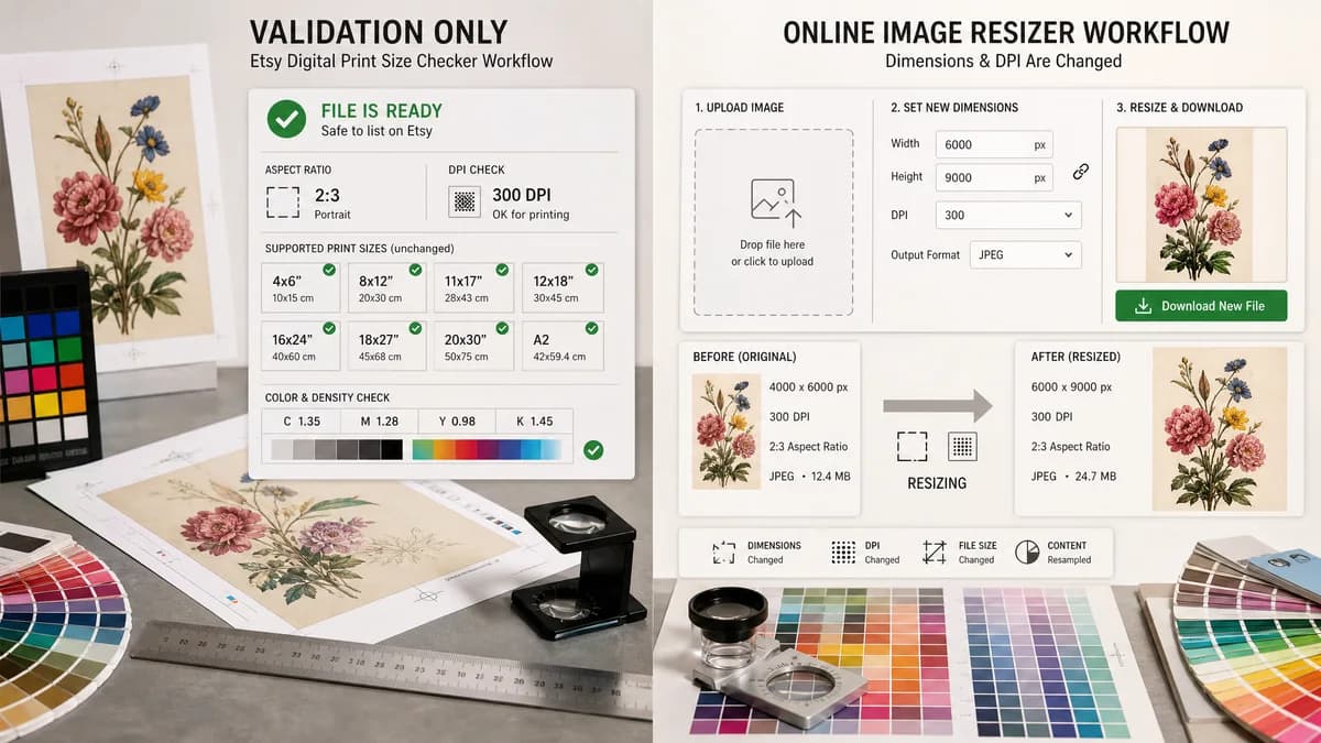 Etsy Digital Print Size Checker vs Simple Image Resizer Resize Image to Pixels with DPI visual comparison of etsy digital print size checker workflows