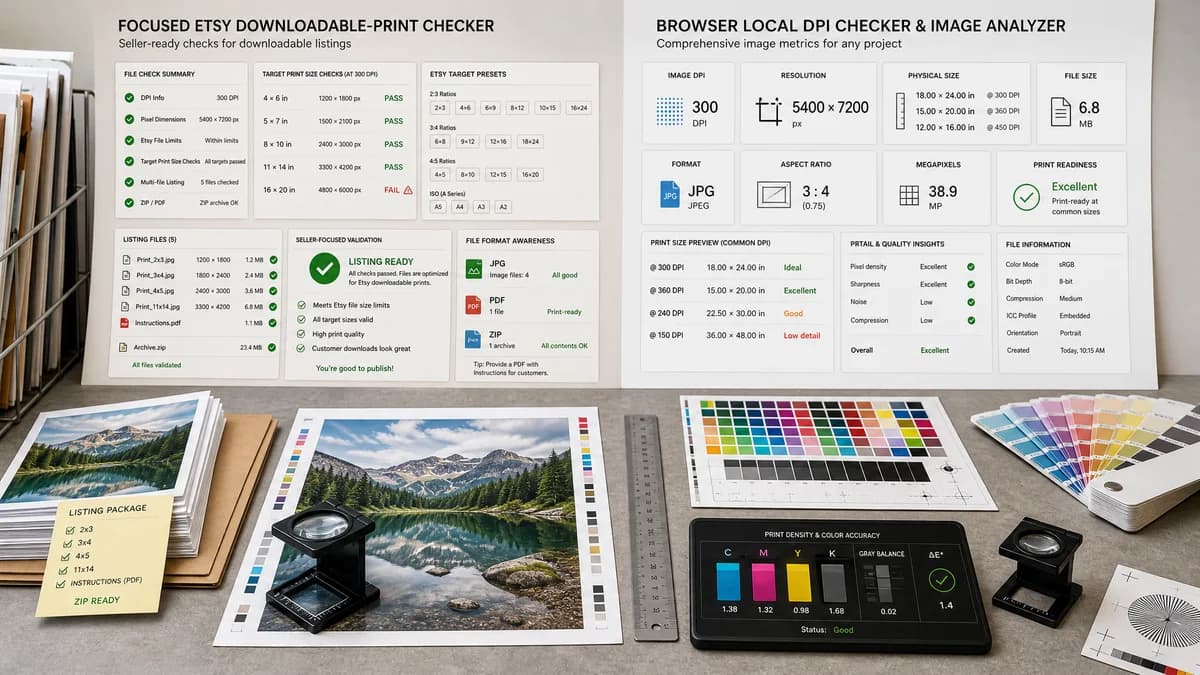 Etsy Digital Print Size Checker vs Templated.io Image DPI Checker visual comparison of etsy digital print size checker workflows