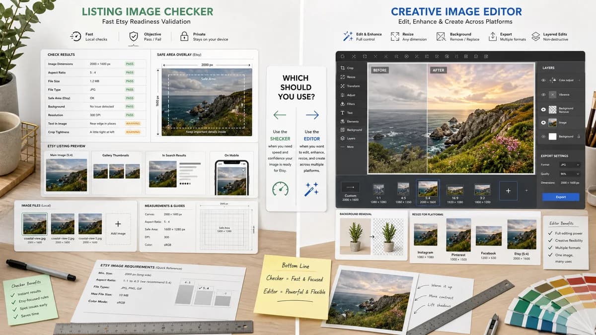 Etsy Listing Image Checker vs Adobe Express Image Resizer visual comparison of image preview validation workflows