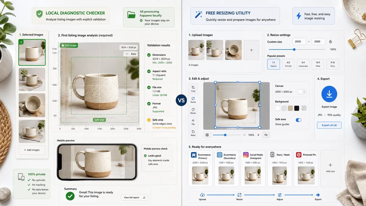 Etsy Listing Image Checker vs AfterShip Etsy Image Resizer visual comparison of image preview validation workflows