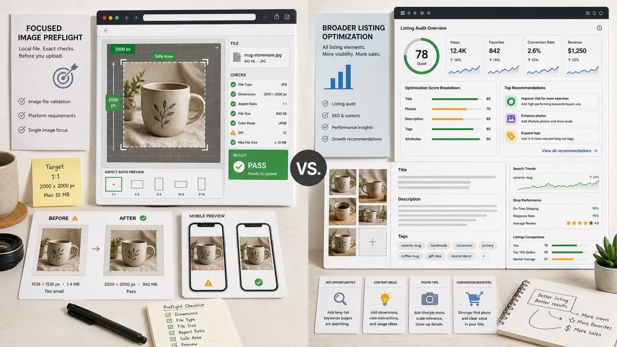 Etsy Listing Image Checker vs Alura Listing Helper visual comparison of image preview validation workflows
