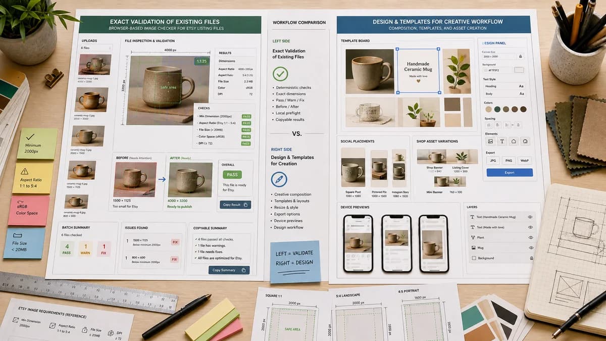 Etsy Listing Image Checker vs Canva Etsy Size Guide and Image Resizer visual comparison of image preview validation workflows