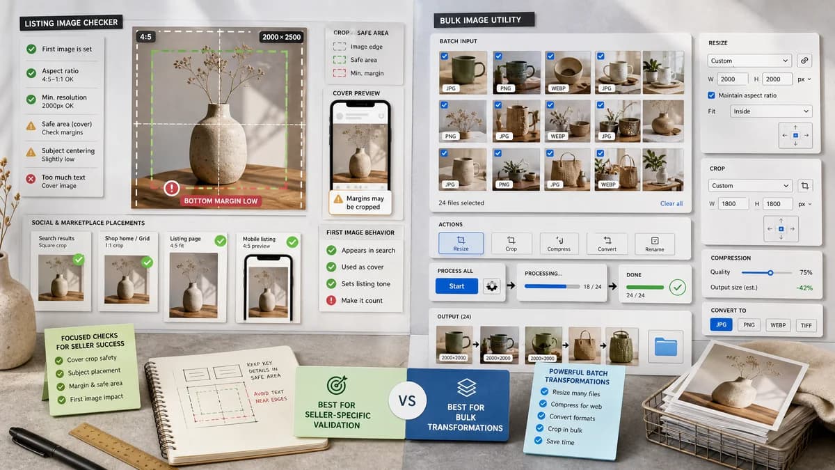 Etsy Listing Image Checker vs iLoveIMG Resize Image visual comparison of image preview validation workflows