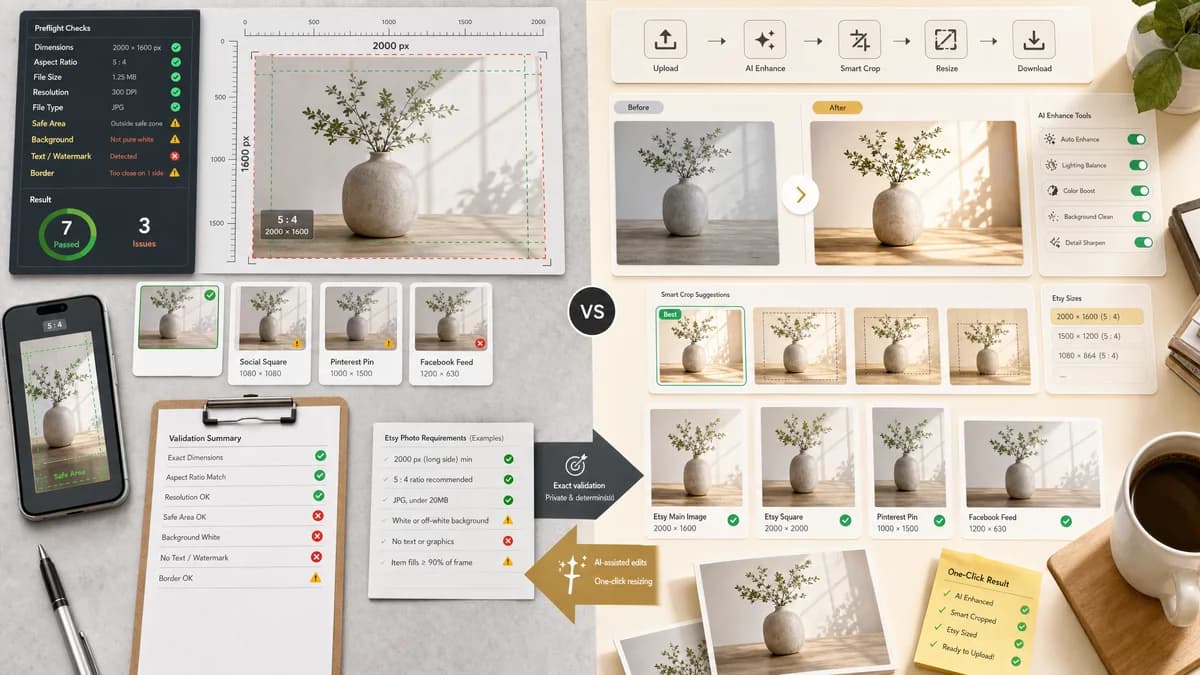 Etsy Listing Image Checker vs insMind Etsy Image Resizer visual comparison of image preview validation workflows