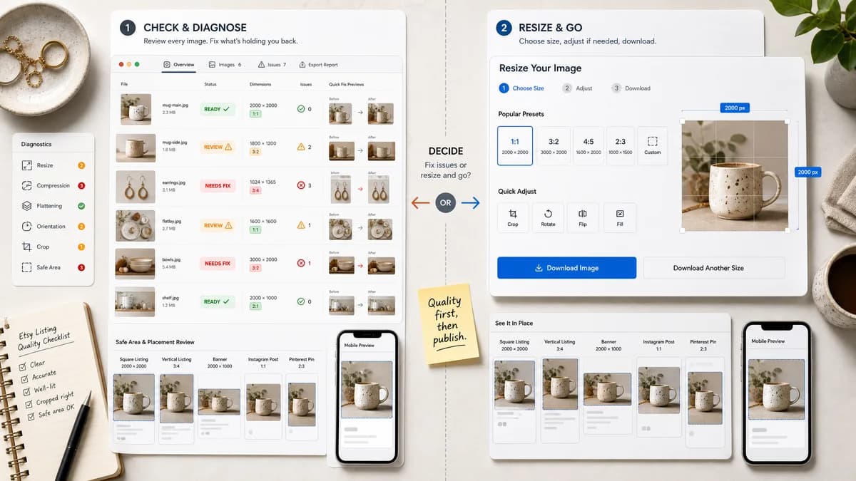 Etsy Listing Image Checker vs Nuelink Etsy Image Resizer visual comparison of image preview validation workflows