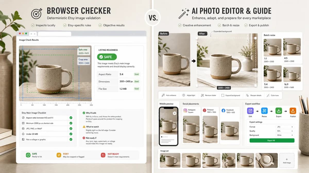 Etsy Listing Image Checker vs Photoroom Etsy Listing Photo Size Guide visual comparison of image preview validation workflows