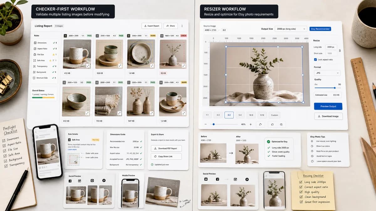Etsy Listing Image Checker vs TheImageResizer Etsy Listing Photo Resizer visual comparison of image preview validation workflows