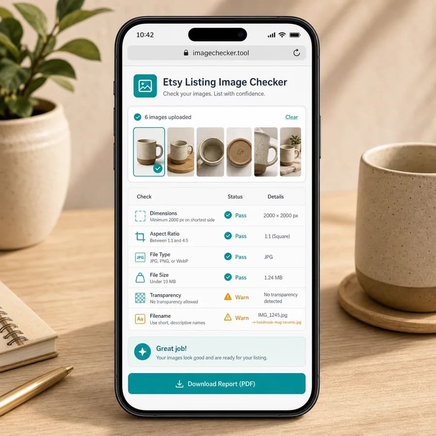Shopify Product Image Checker preview showing a browser-local product image workflow with copy-ready results