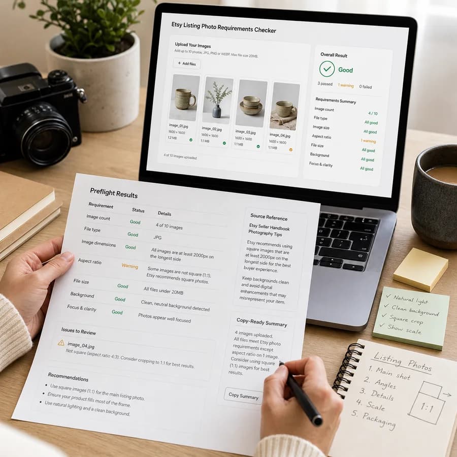 Etsy Listing Photo Requirements Checker preview showing a browser preflight checklist and source-backed verification results