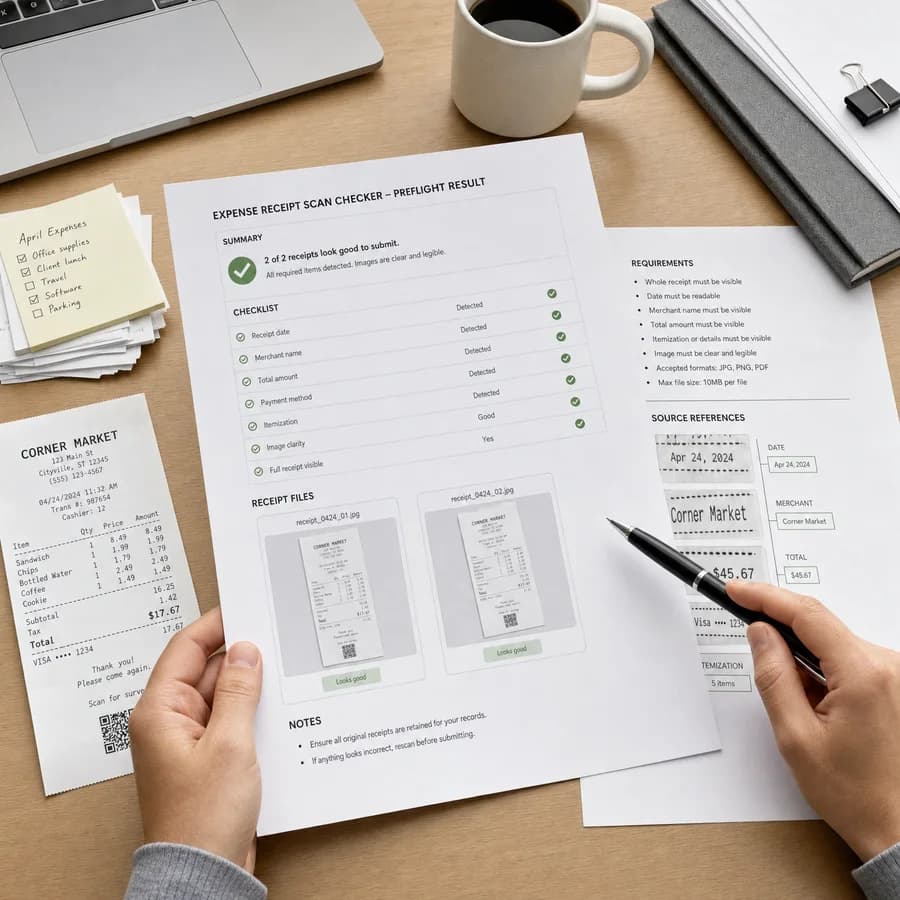 Expense Receipt Scan Checker preview showing a browser preflight checklist and source-backed verification results