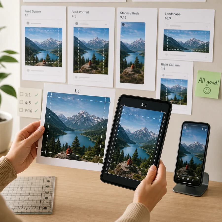 Facebook Image Size Checker preview showing social media image dimensions being checked against placement cards