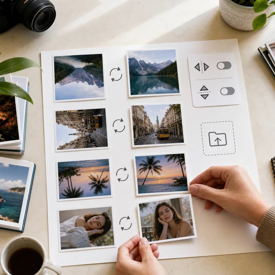 Flip Image Horizontal/Vertical preview showing a person mirroring a photo on a laptop