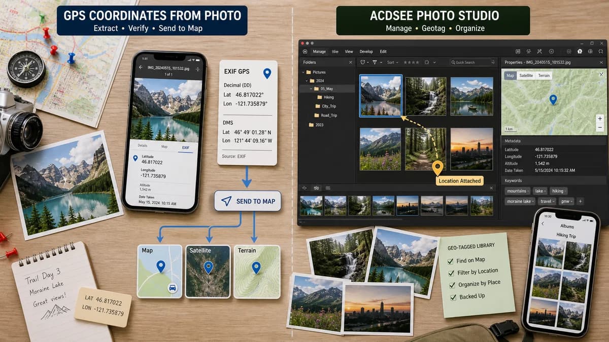 GPS Coordinates from Photo vs ACDSee Photo Studio visual comparison of GPS coordinate workflows