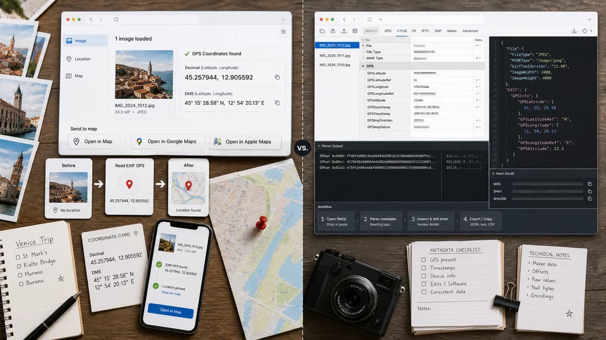 GPS Coordinates from Photo vs exif.tools visual comparison of GPS coordinate workflows