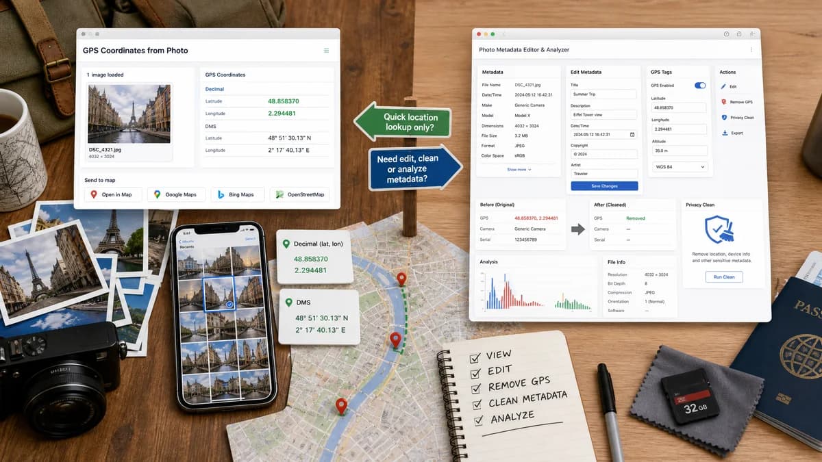 GPS Coordinates from Photo vs EXIFEditor.io visual comparison of GPS coordinate workflows