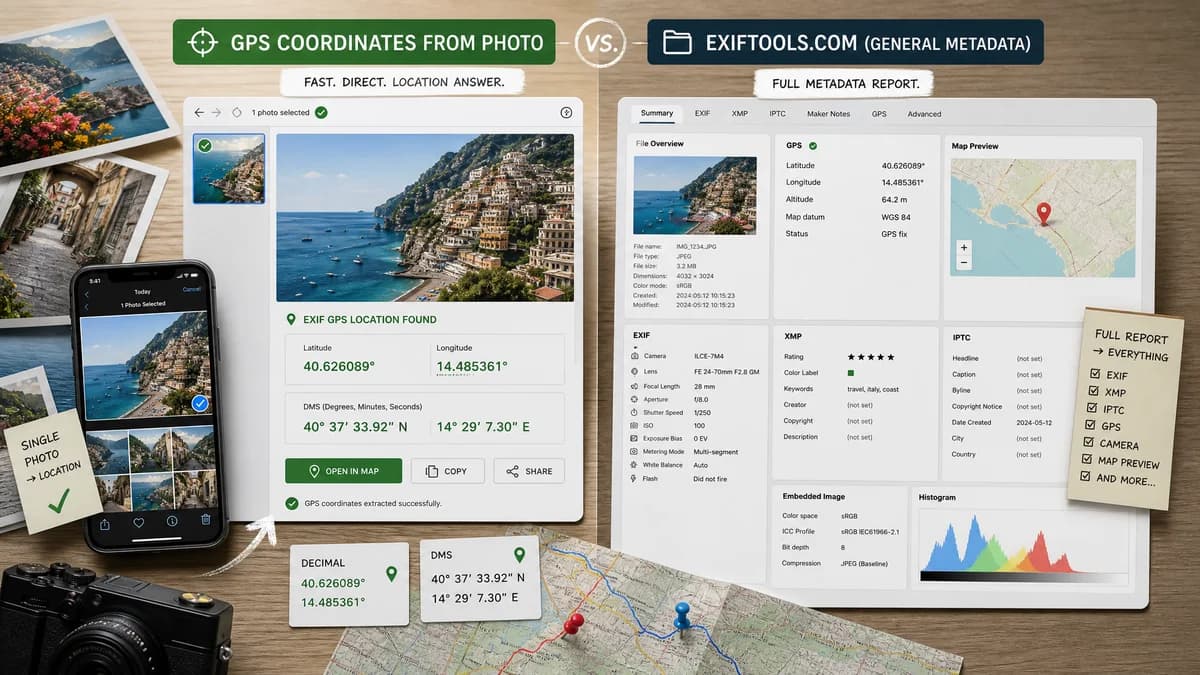GPS Coordinates from Photo vs ExifTools.com visual comparison of GPS coordinate workflows