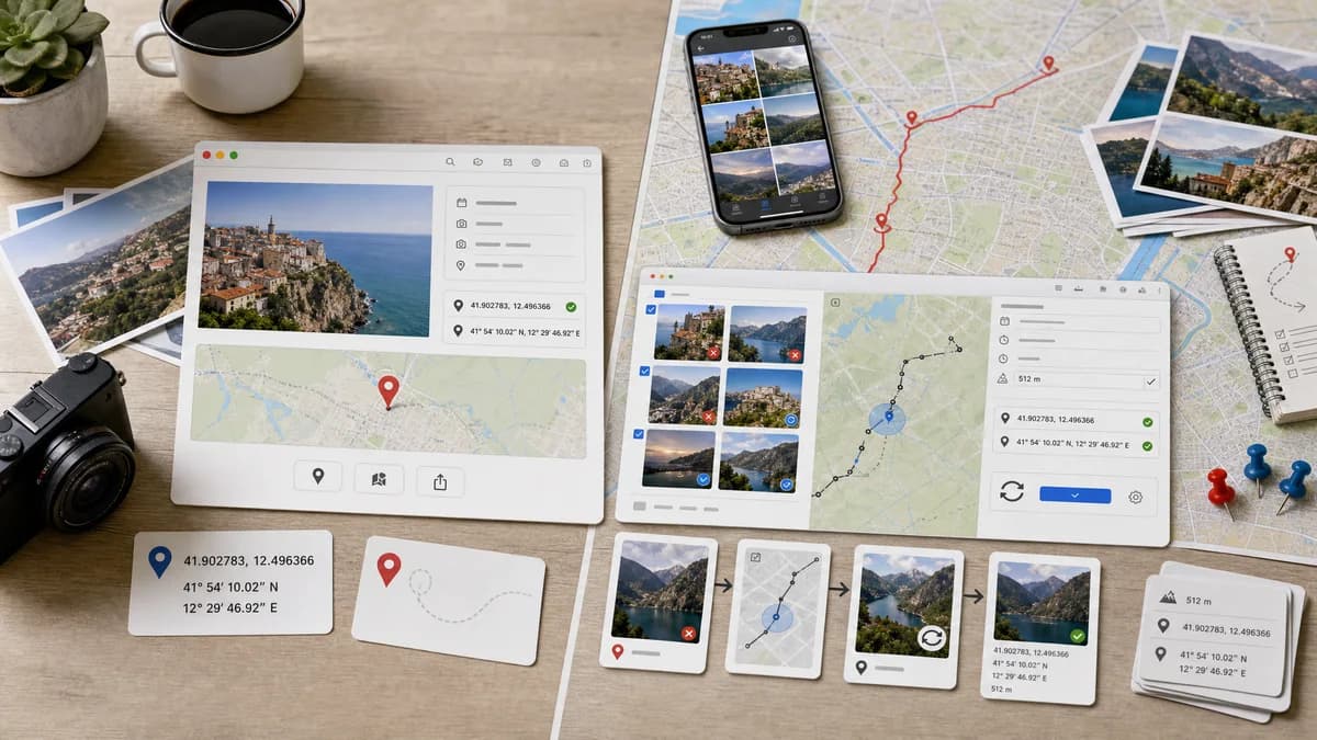 GPS Coordinates from Photo vs HoudahGeo visual comparison of GPS coordinate workflows