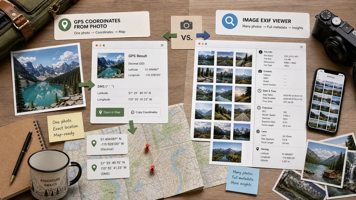 GPS Coordinates from Photo vs ImageLean EXIF Viewer visual comparison of GPS coordinate workflows