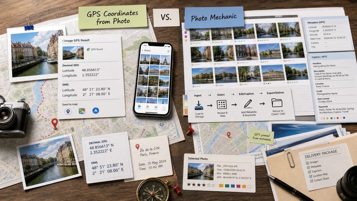GPS Coordinates from Photo vs Photo Mechanic visual comparison of GPS coordinate workflows