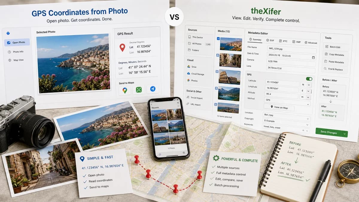 GPS Coordinates from Photo vs theXifer visual comparison of GPS coordinate workflows