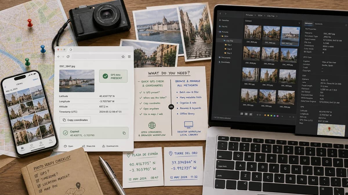 Open Source Alternatives to Adobe Bridge visual comparison with GPS Coordinates from Photo