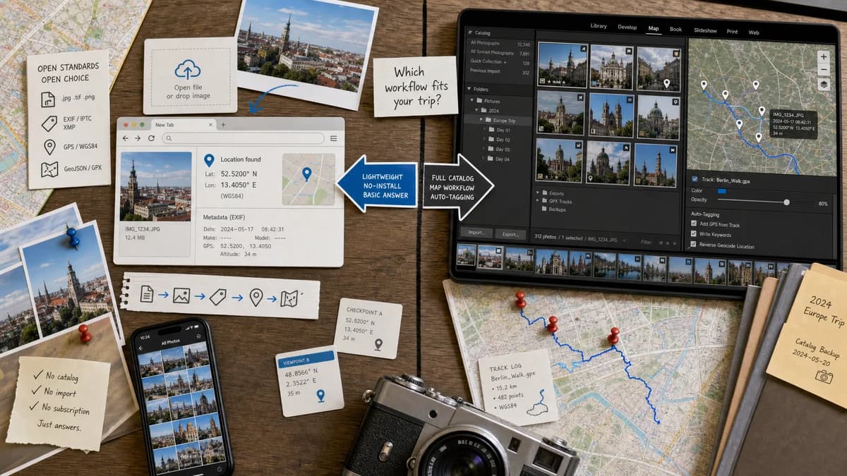 Open Source Alternatives to Adobe Lightroom Classic visual comparison with GPS Coordinates from Photo