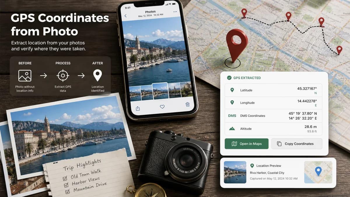 GPS Coordinates from Photo sample result preview showing latitude longitude DMS altitude and map buttons