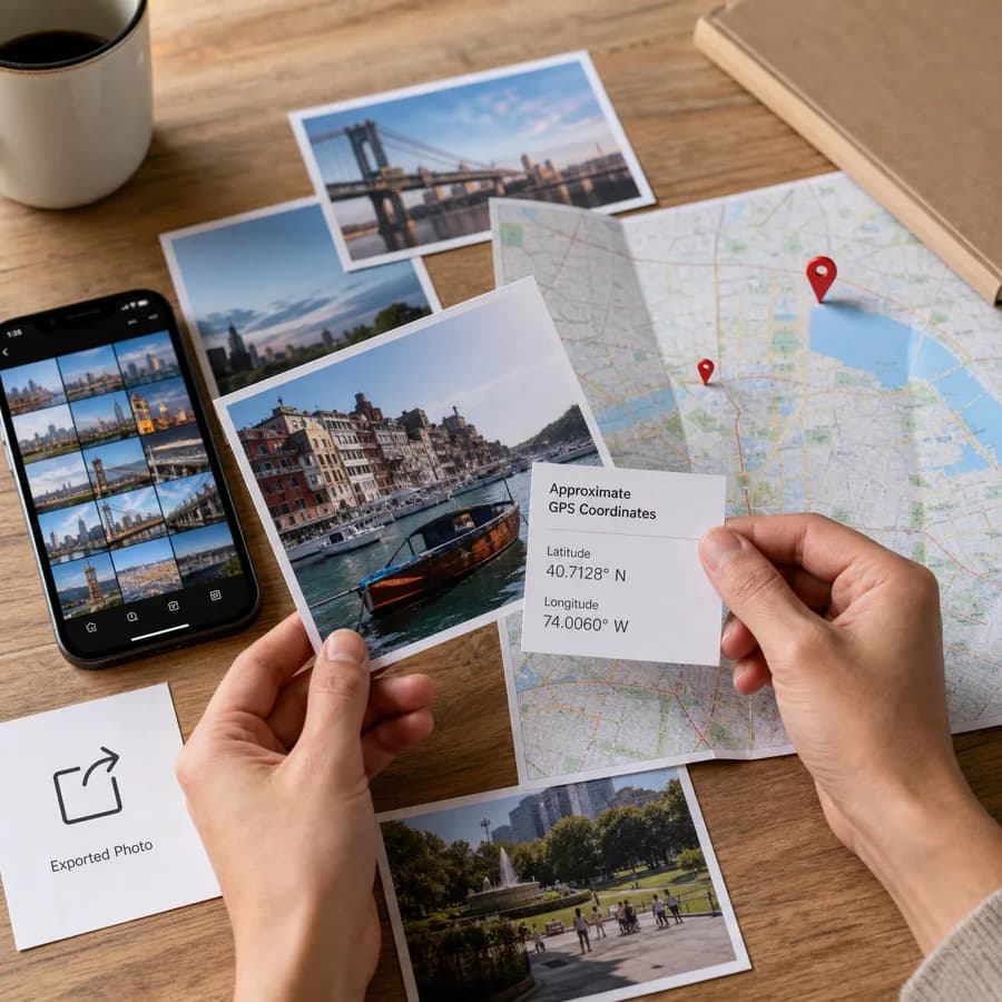 Person using GPS Coordinates from Photo on a laptop to view photo location metadata and map coordinates