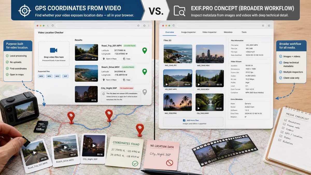 GPS Coordinates from Video vs EXIF.pro visual comparison of video GPS coordinate workflows