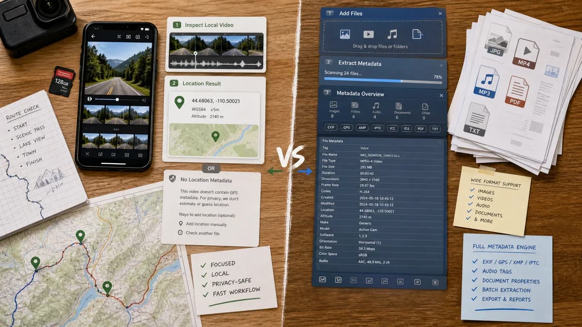 GPS Coordinates from Video vs ExifMeta visual comparison of video GPS coordinate workflows