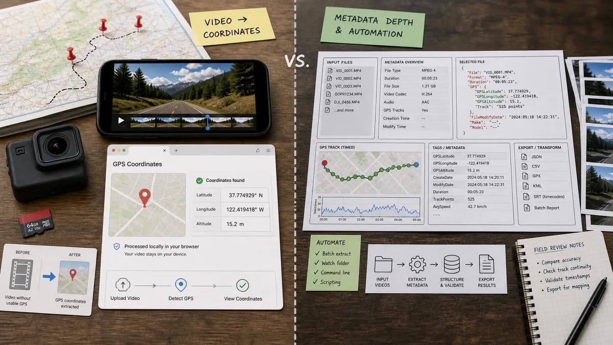 GPS Coordinates from Video vs ExifTool visual comparison of video GPS coordinate workflows