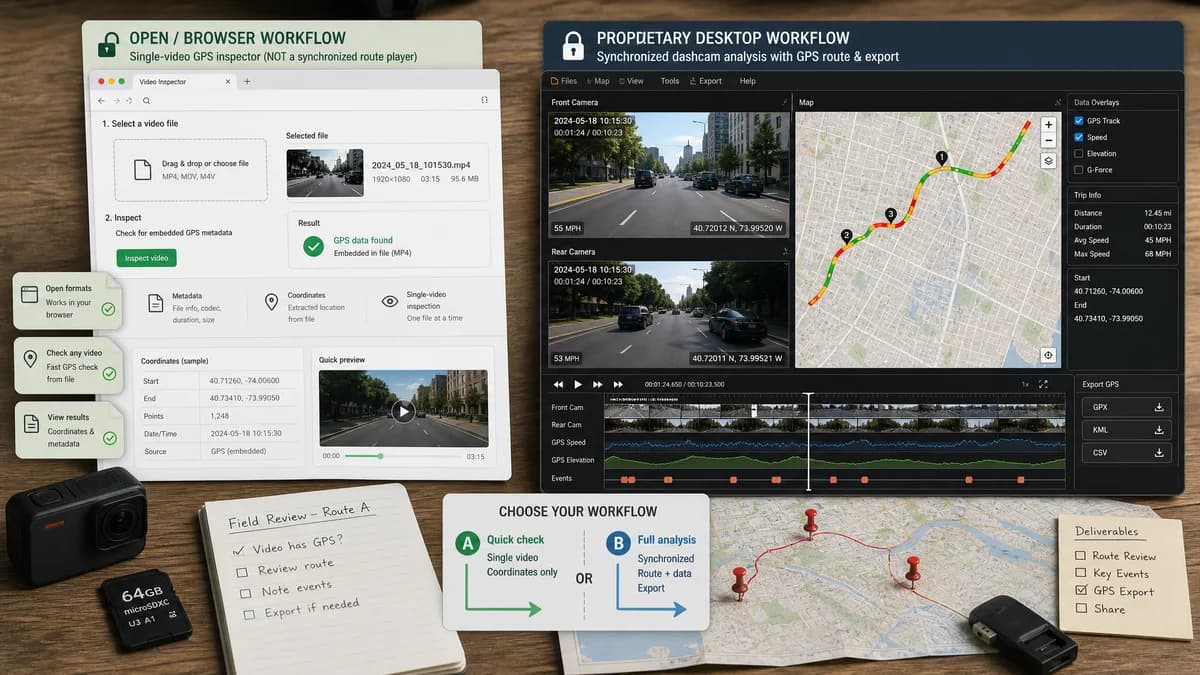 Open Source Alternatives to Dashcam Viewer visual comparison with GPS Coordinates from Video