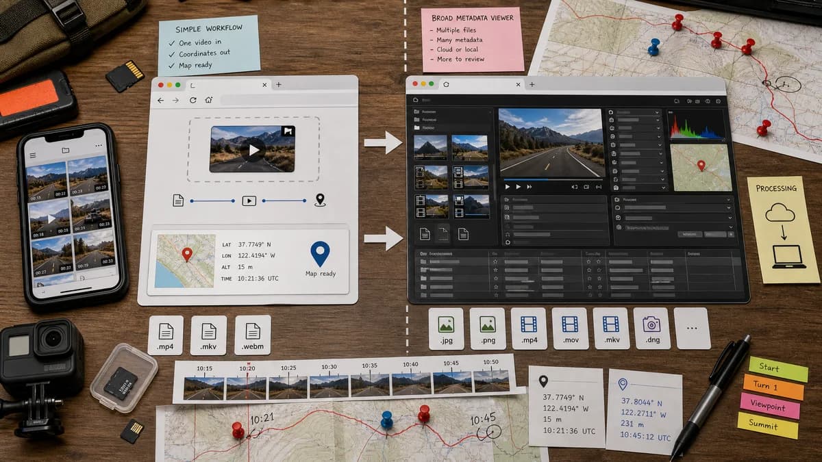 Open Source Alternatives to EXIF.pro visual comparison with GPS Coordinates from Video