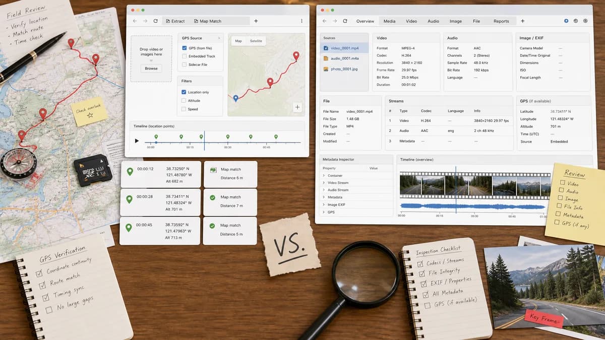 Open Source Alternatives to FrameToolkit Metadata Viewer visual comparison with GPS Coordinates from Video