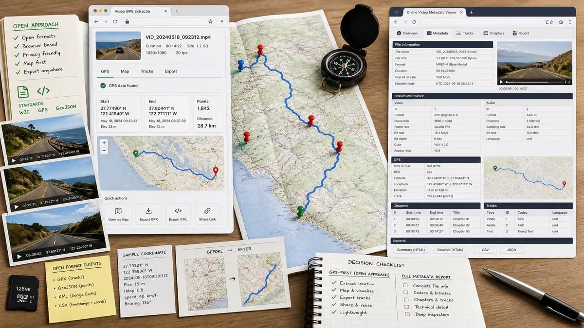 Open Source Alternatives to MetaDataView Video Metadata Viewer visual comparison with GPS Coordinates from Video