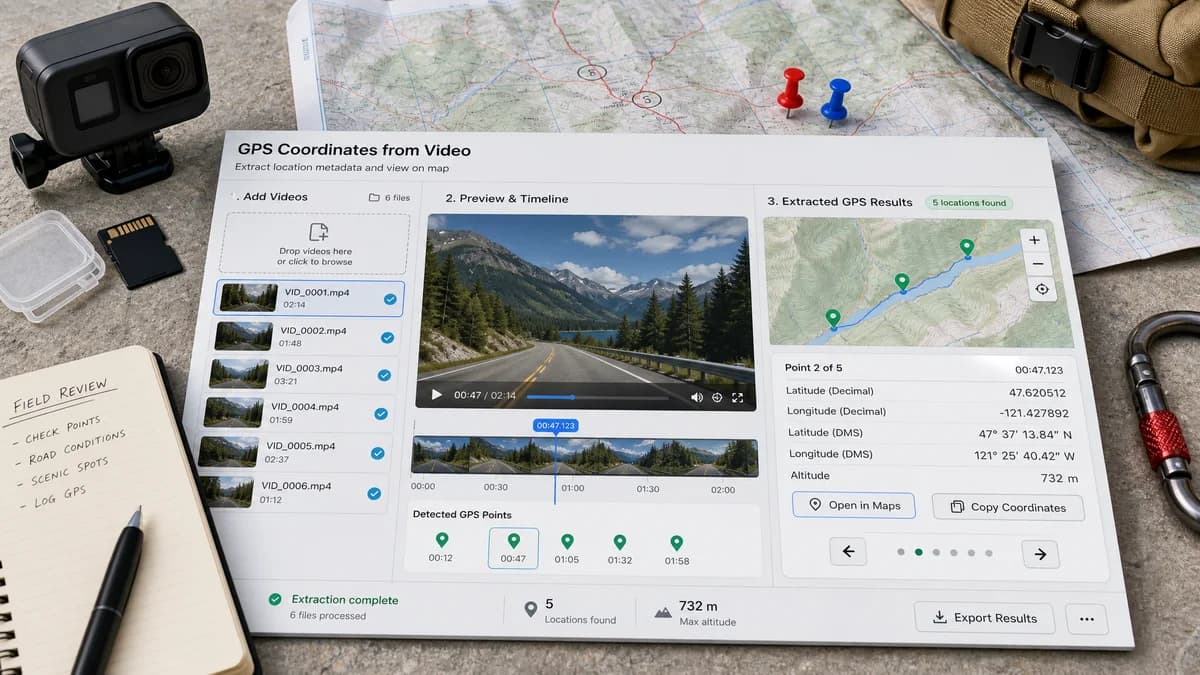 GPS Coordinates from Video sample result preview showing latitude longitude DMS altitude and map buttons