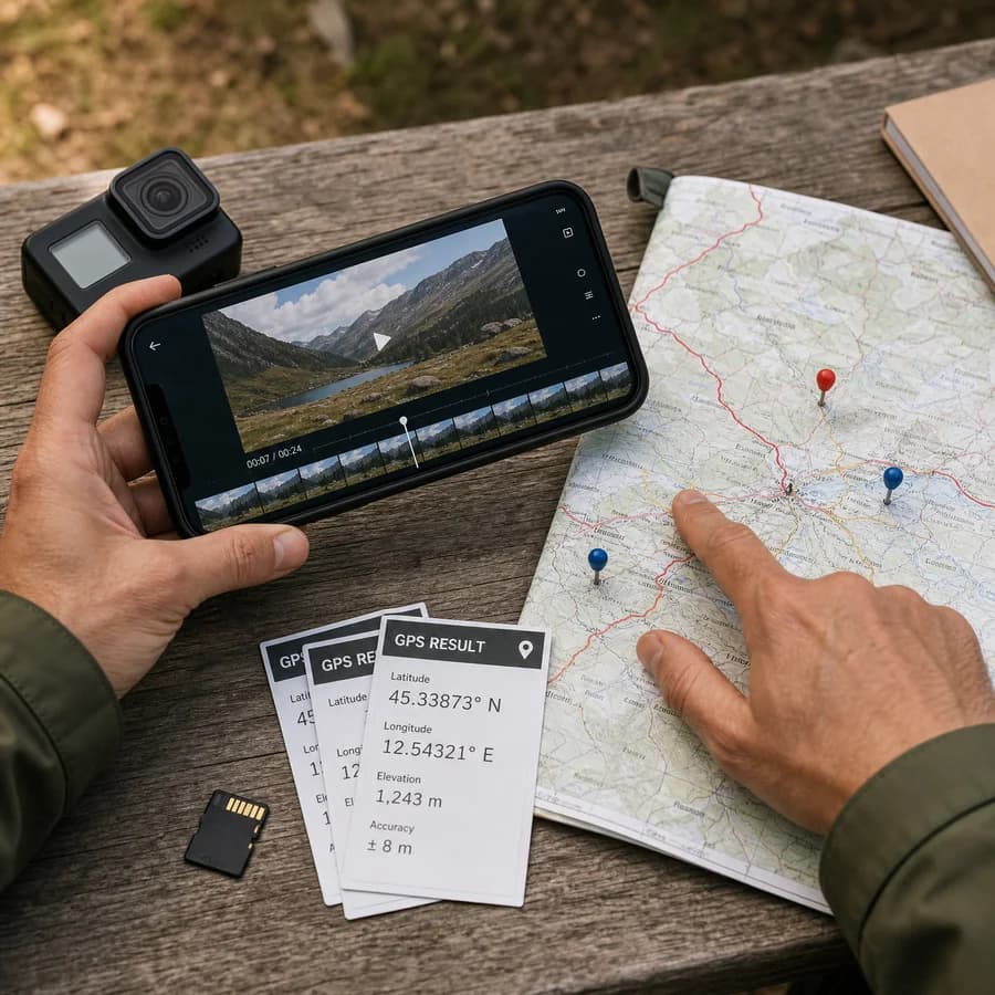GPS Coordinates from Video preview showing a local video metadata viewer with coordinates and a map pin