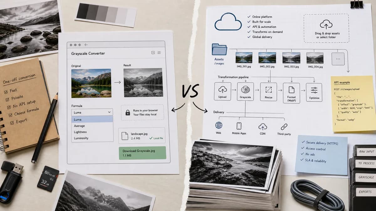 Grayscale Converter vs Cloudinary visual comparison of grayscale converter workflows