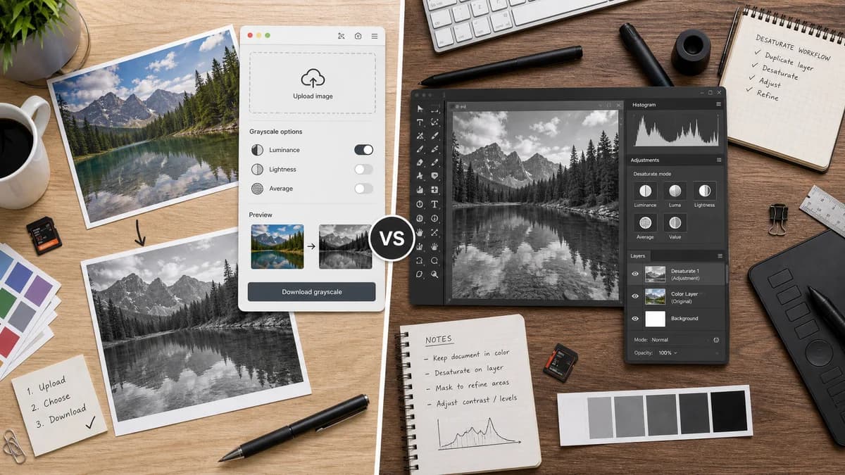 Grayscale Converter vs GIMP visual comparison of grayscale converter workflows