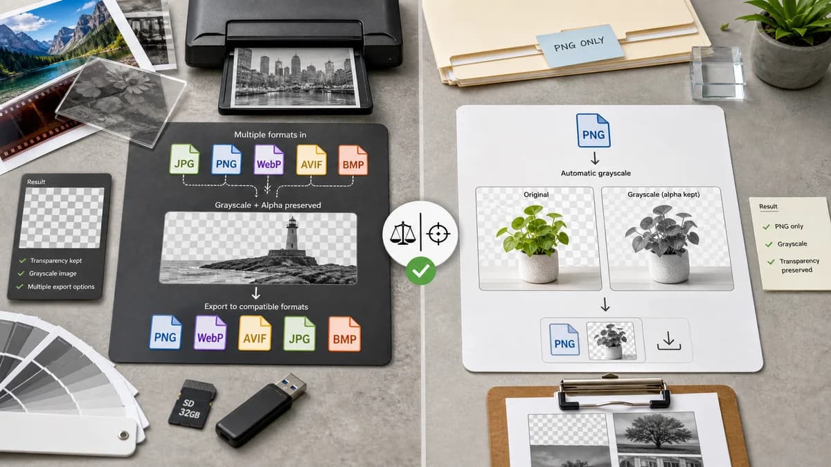 Grayscale Converter vs PNGMaster visual comparison of grayscale converter workflows