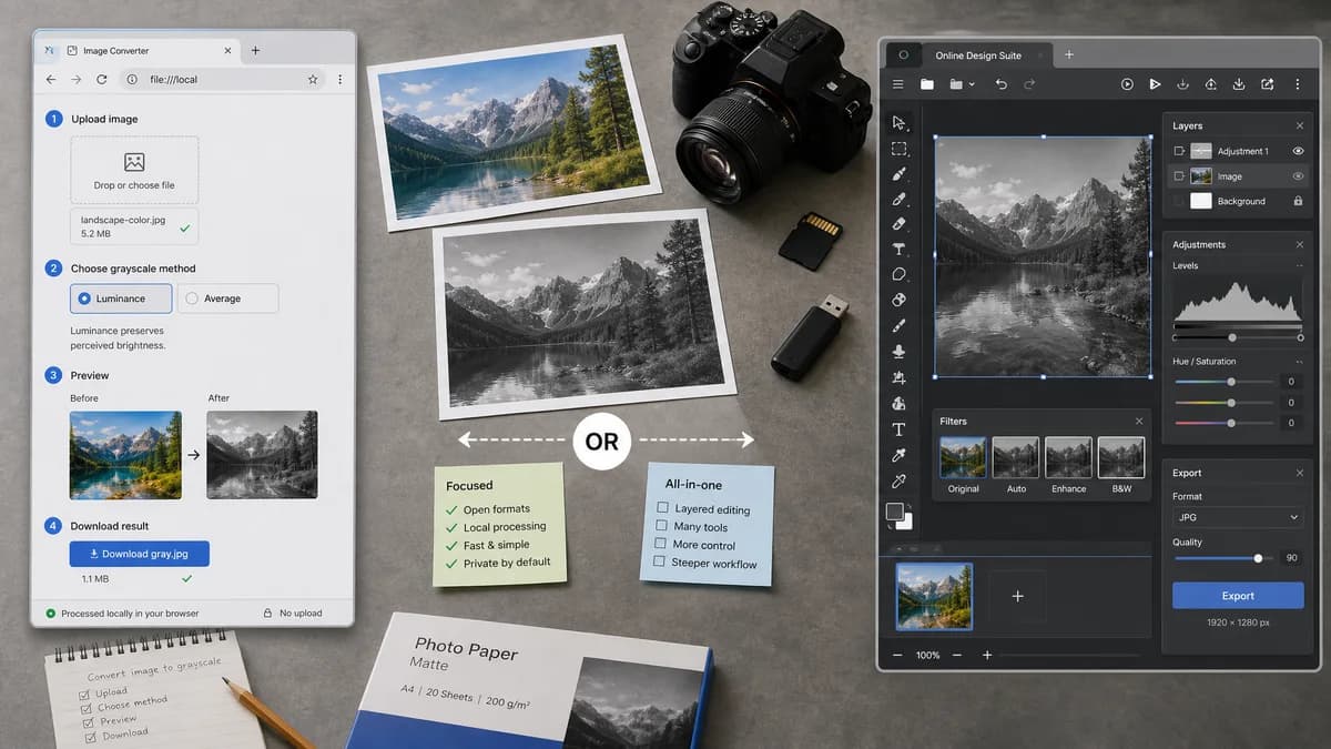 Open Source Alternatives to Adobe Express visual comparison with Grayscale Converter