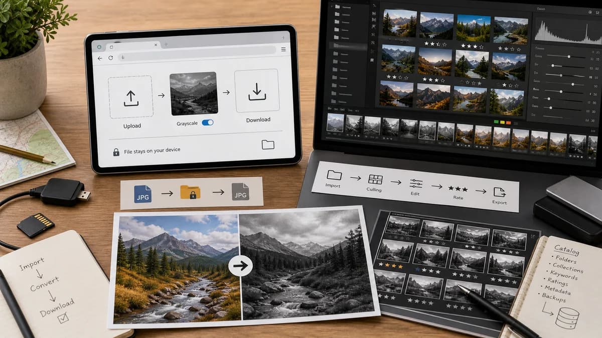 Open Source Alternatives to Adobe Lightroom visual comparison with Grayscale Converter