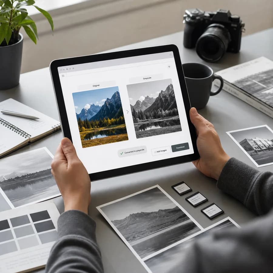 Grayscale Converter preview showing a browser-local image changed from color to black and white