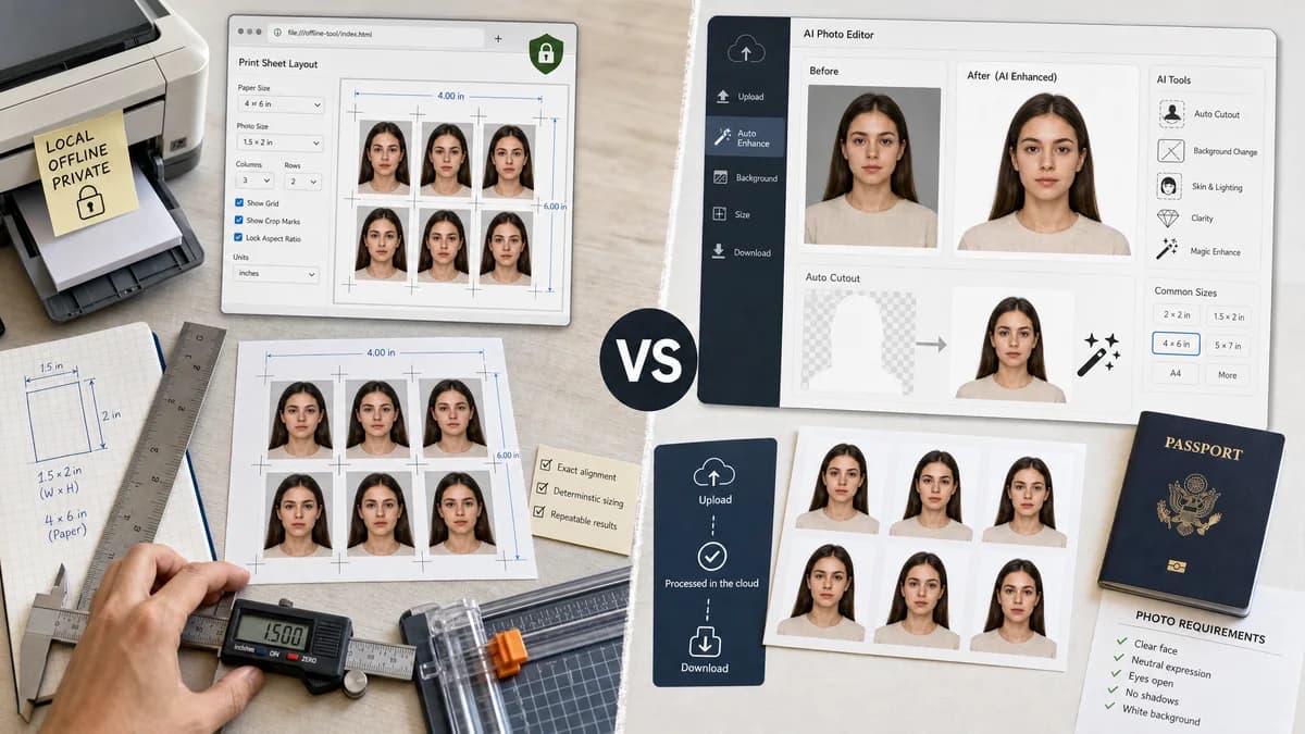 ID Photo Print Sheet Maker vs Cutout.Pro Passport Photo Maker visual comparison of id photo print sheet maker workflows