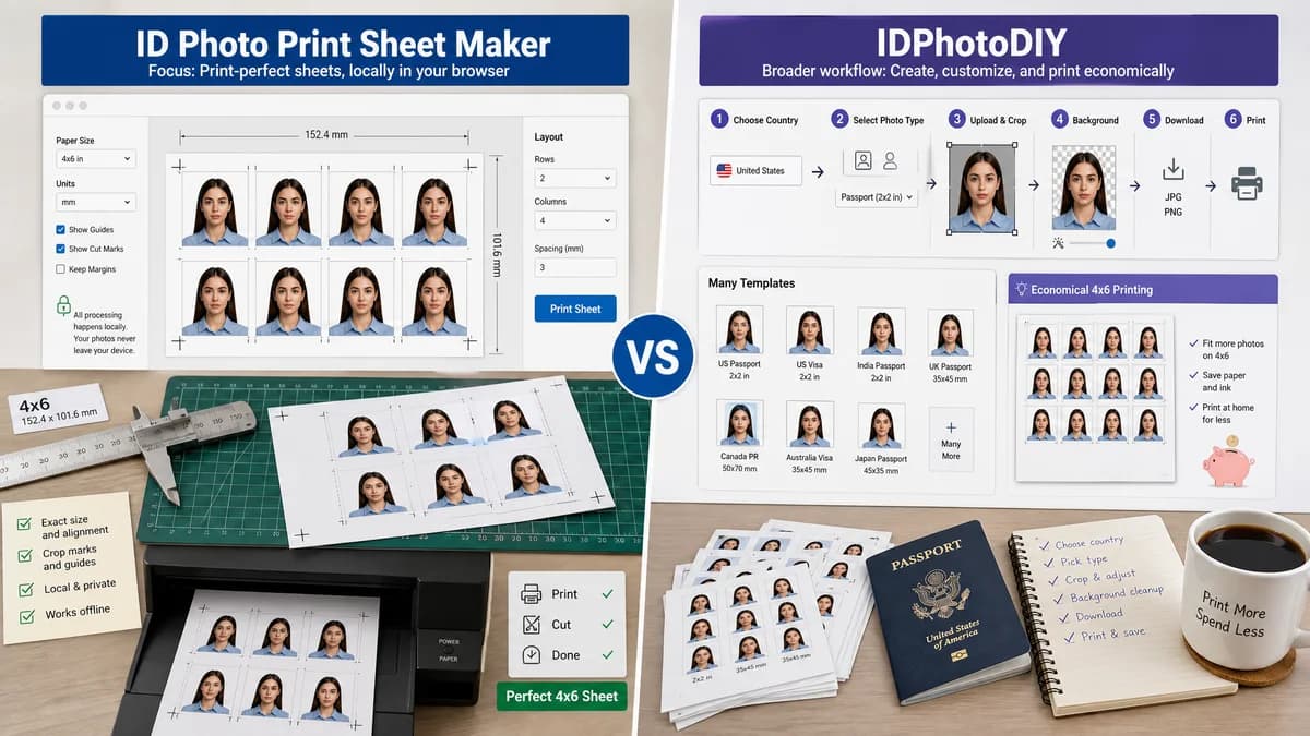ID Photo Print Sheet Maker vs IDPhotoDIY visual comparison of id photo print sheet maker workflows
